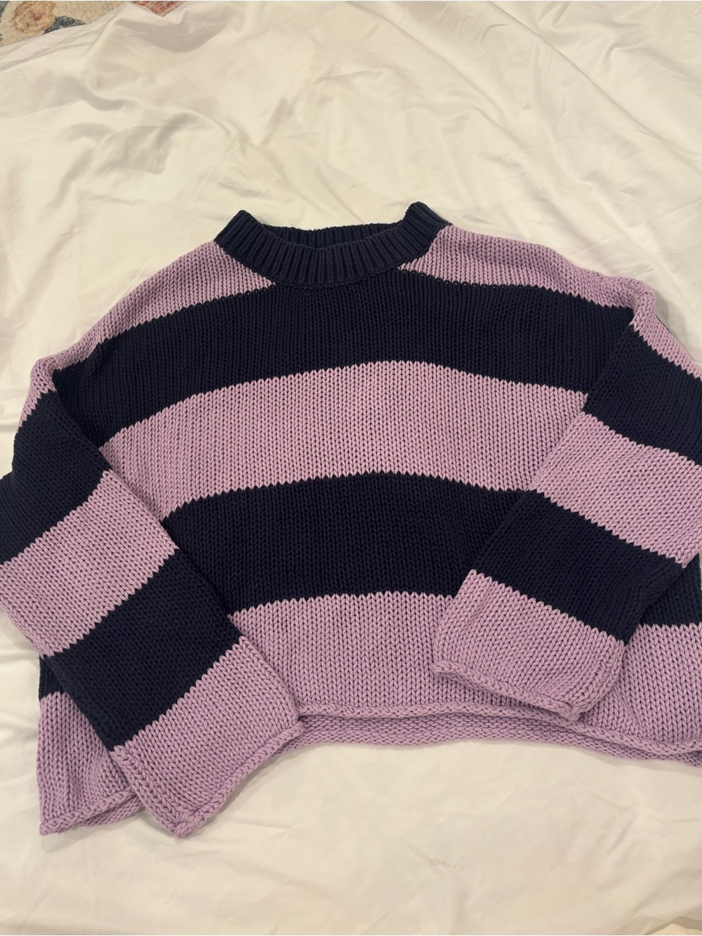 aerie Striped Crewneck Sweater in Lavender and Navy